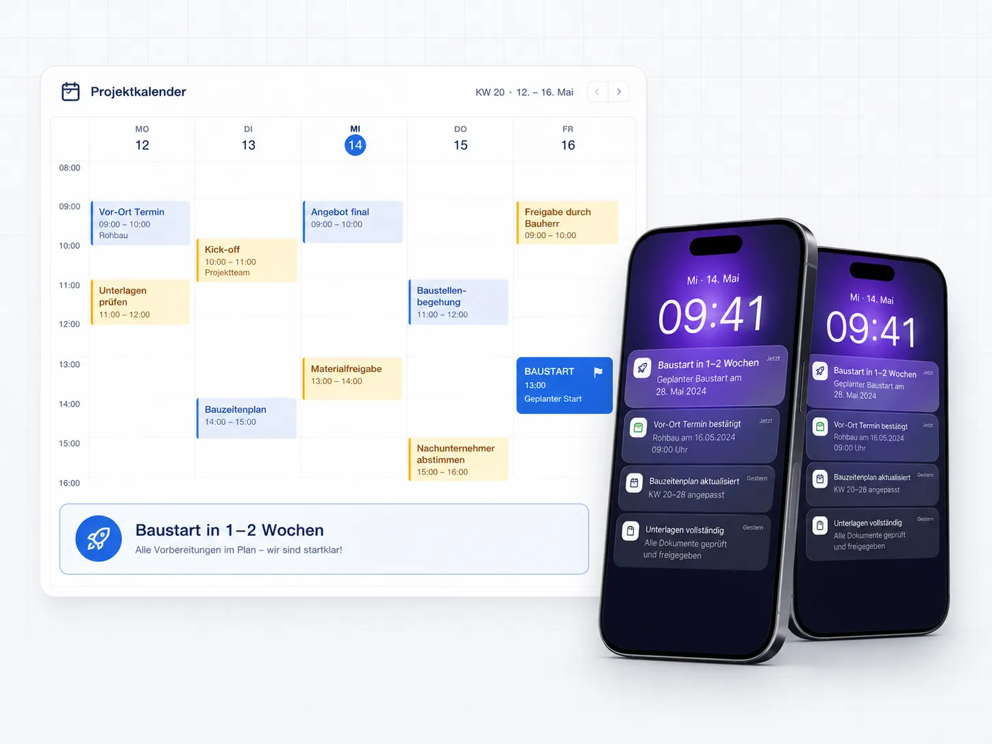 Baustart in 1–2 Wochen: Projektkalender mit Terminplanung