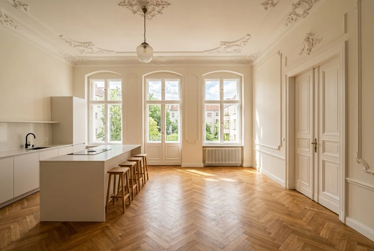 Sanierte Altbauwohnung mit Stuckdecke, Fischgrätparkett und modernen Elementen