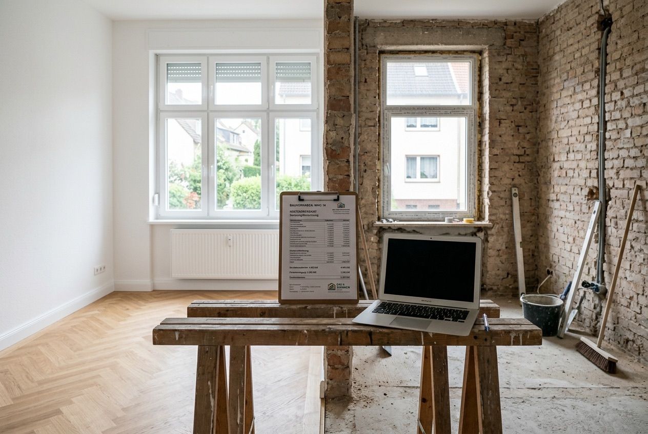Wohnung während einer Komplettsanierung mit Kostenkalkulation im Vordergrund
